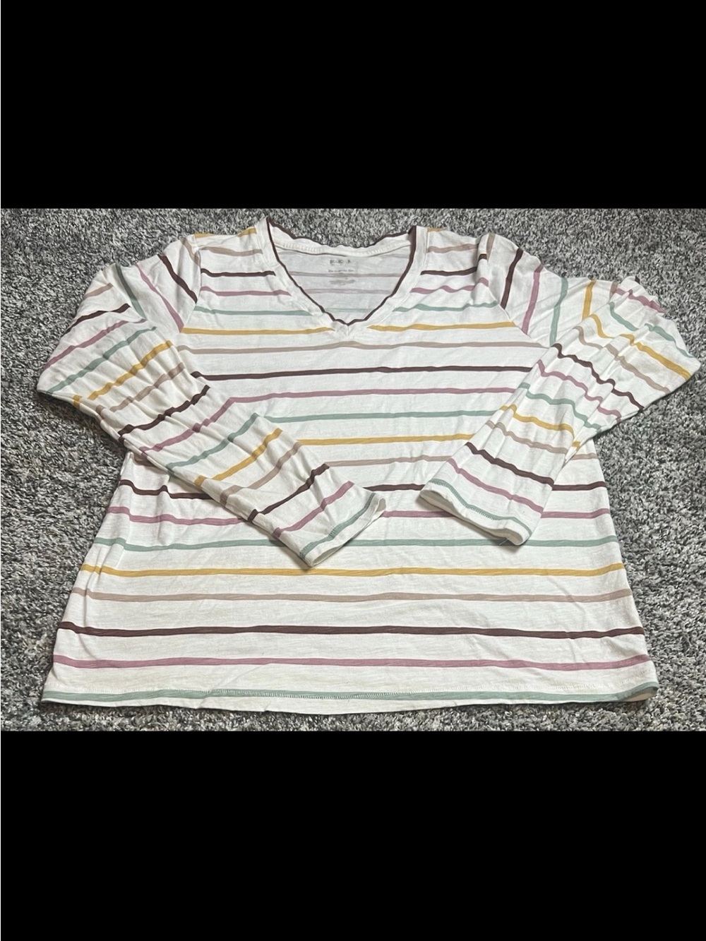 Sonoma Cream V-Neck Tee with Brown, Green and Yellow Stripes
